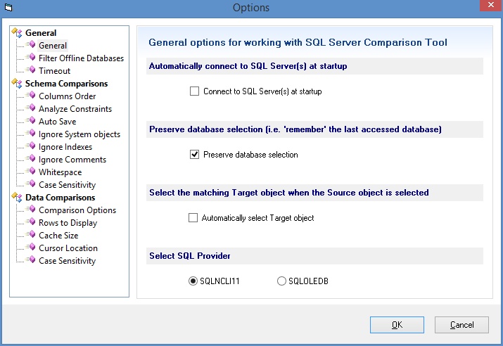 SQL Server Comparison Tool - configuration window