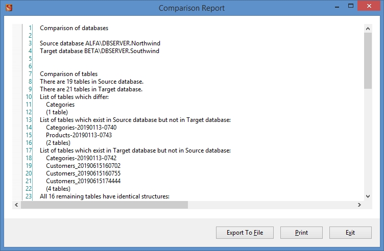 SQL Server Comparison Tool - report